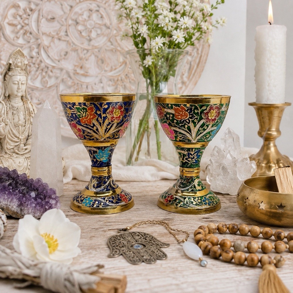 Vintage Brass Meenakari Enamel Bakhoor Burners Pair Floral Chalice Altar Decor